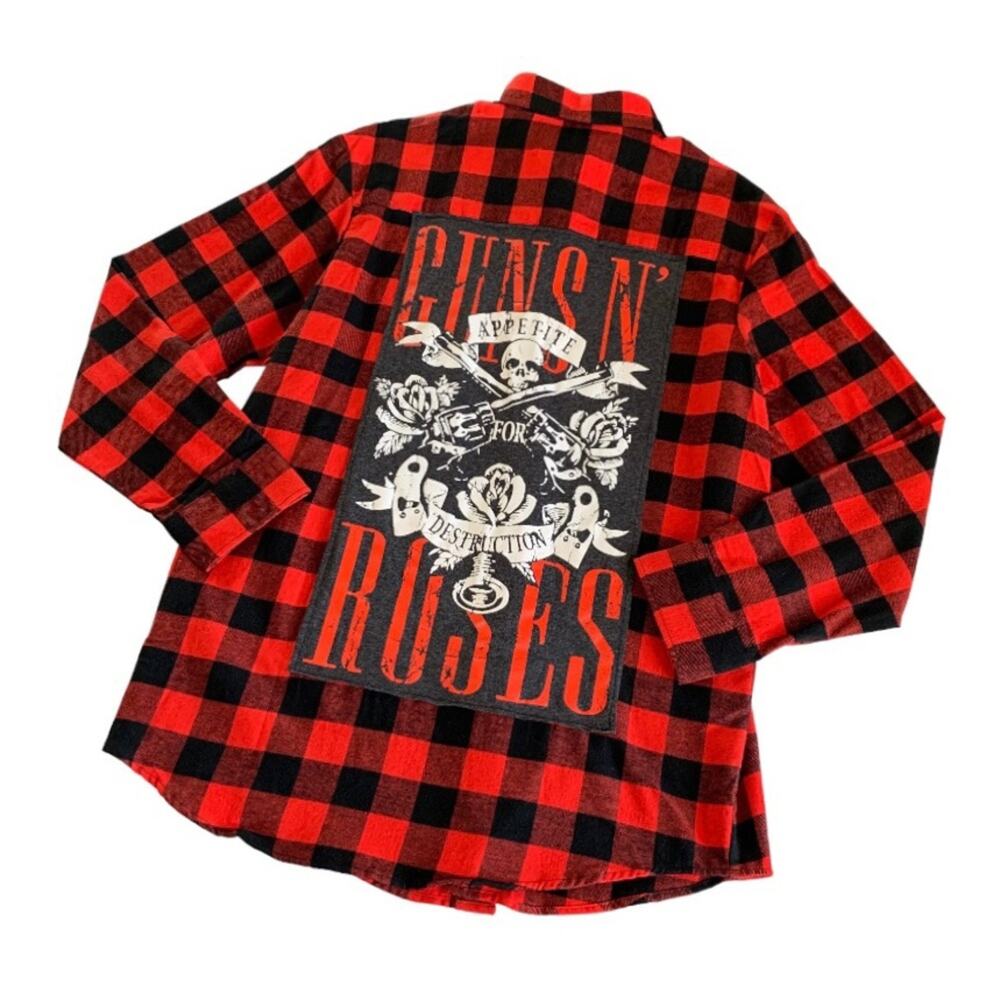 Reworked Apparel Guns N’ Roses Custom Red Button Down Flannel Men's Size Medium